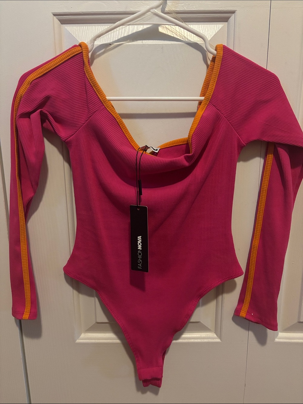 Fashion Nova Hot Pink Ribbed Long-Sleeve Bodysuit with Orange Trim